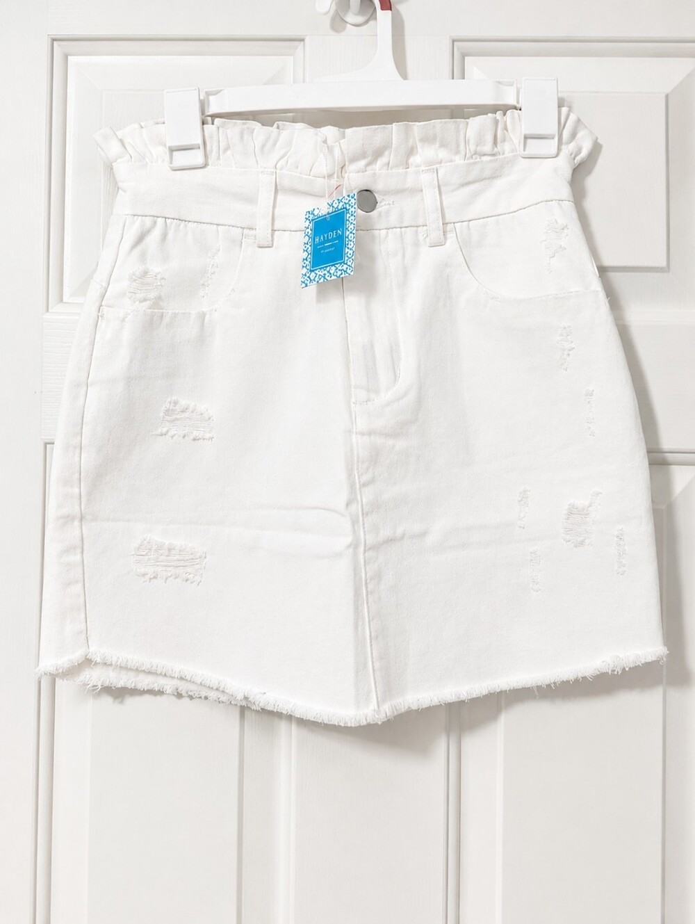 Hayden Los Angeles White Distressed Denim Mini Skirt Paperbag Waist Frayed Hem S